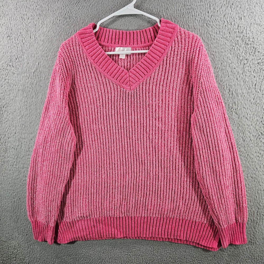 Belle by Kim Gravel Pink Chenille V-Neck Ribbed Sweater Womens 1X